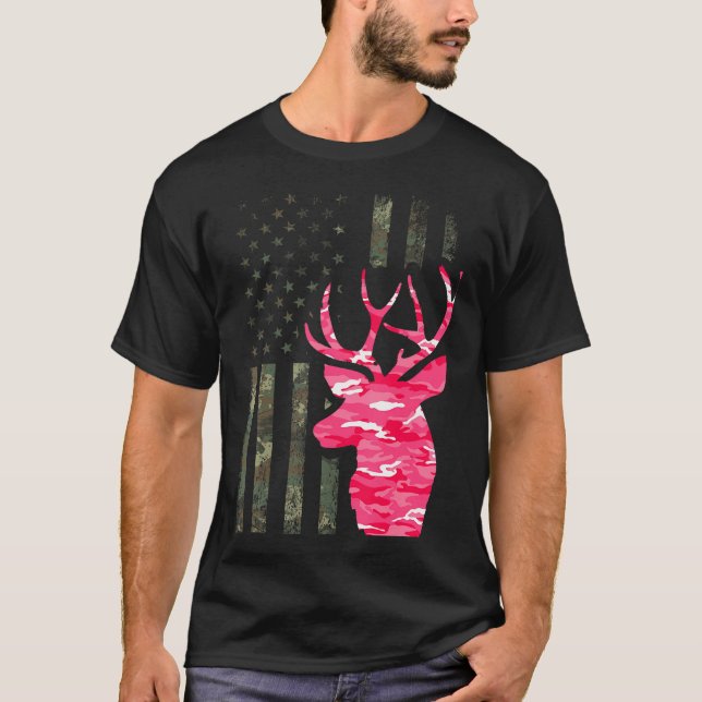T-shirt Camo rose Drapeau Américain Camouflage Buck Chasse (Devant)
