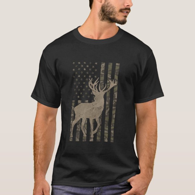 T-shirt Camo US Drapeau Der Elk Buck Camoflage Chasse Chas (Devant)