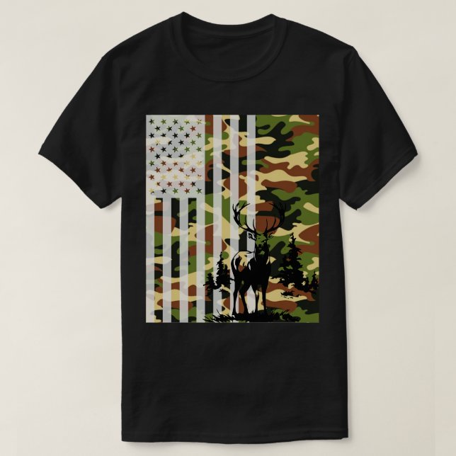 T-shirt Camo US Drapeau Der Elk Buck Camoflage Chasse Chas (Design devant)