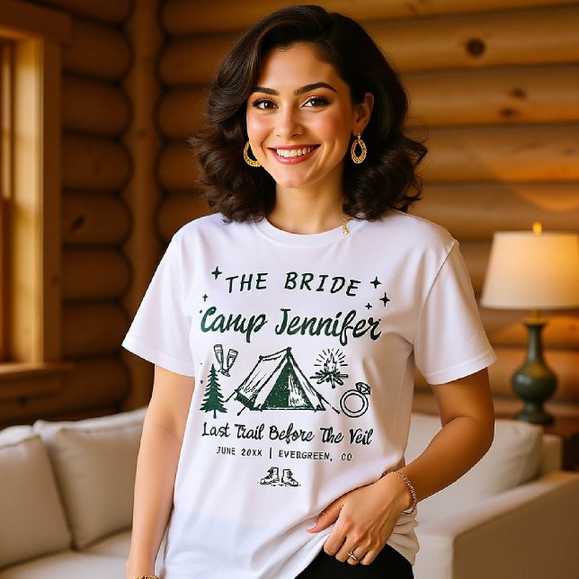 T-shirt Camp Bachelorette Camping jumelage main-tiré (camp bachelorette bride shirt last trail before veil camping hand drawn white green)