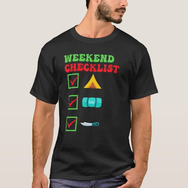 T-shirt Camper Weekend Checklist Tente Sac couchage Coutea (Devant)