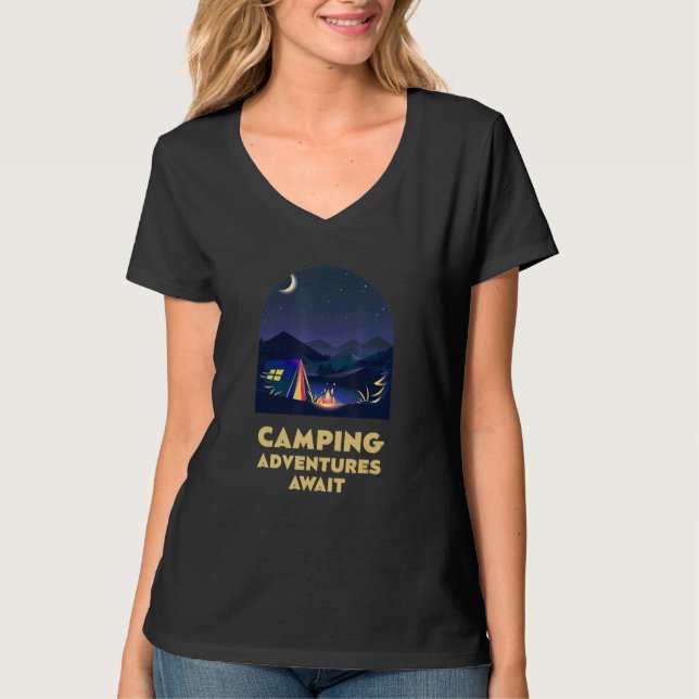 T-shirt Camping Adventures Await Camper Vacation Camp Trip (Devant)