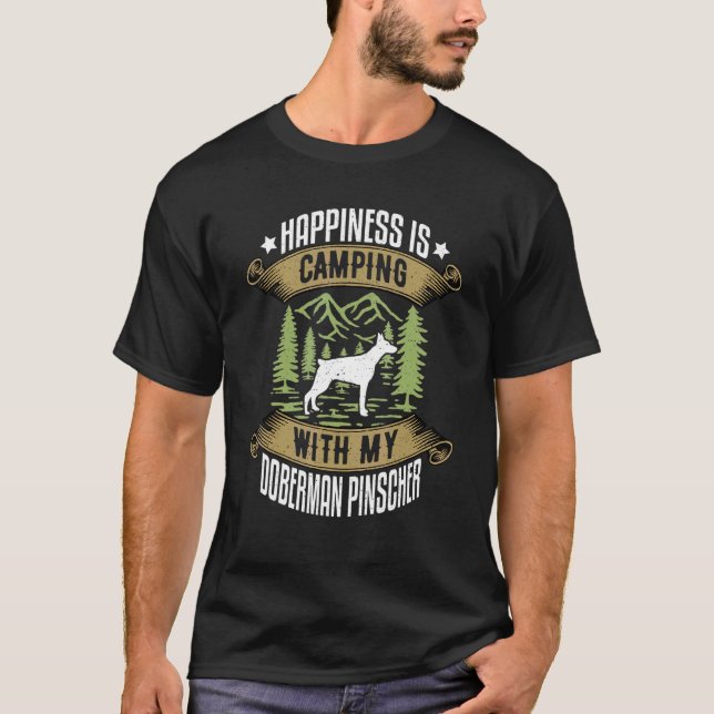T-shirt Camping avec camping de Doberman Pinscher et faire (Devant)
