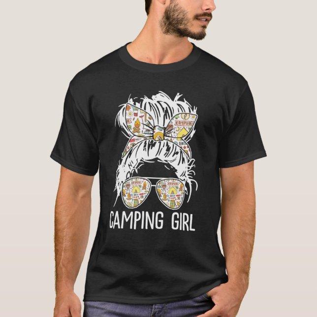 T-shirt Camping Girl Cheveux Messy Dans Bun Lunettes de so (Devant)