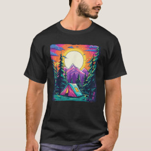 T-shirt Camping Tente Mountain Pine Tree Forest Sunset Hik
