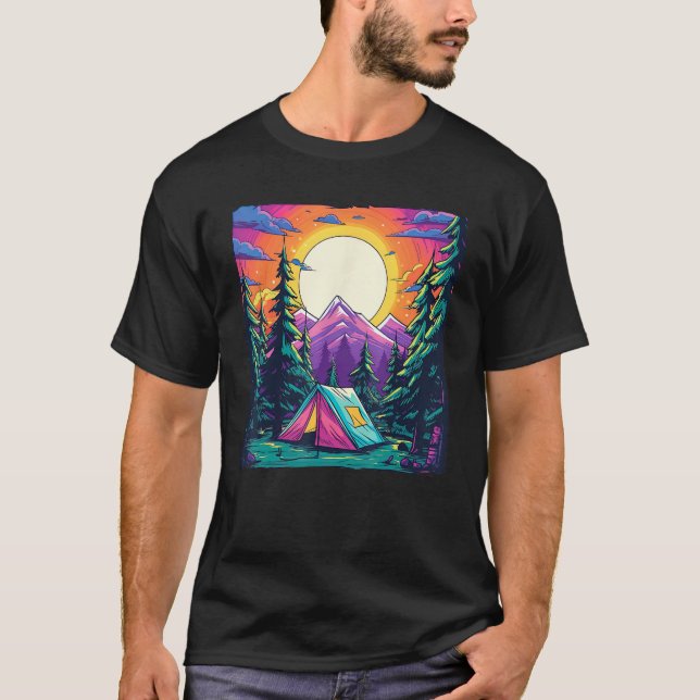 T-shirt Camping Tente Mountain Pine Tree Forest Sunset Hik (Devant)