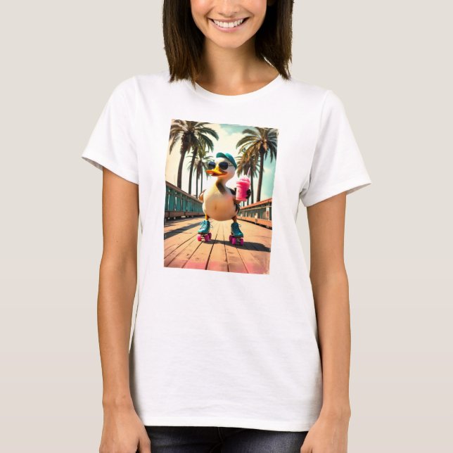 T-shirt Canard à roulettes drôle d'été rétro  (Devant)
