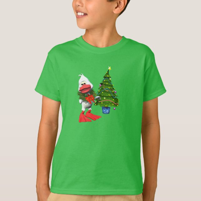 T-shirt Canard de Noël blanc mignon portant une couronne (Devant)