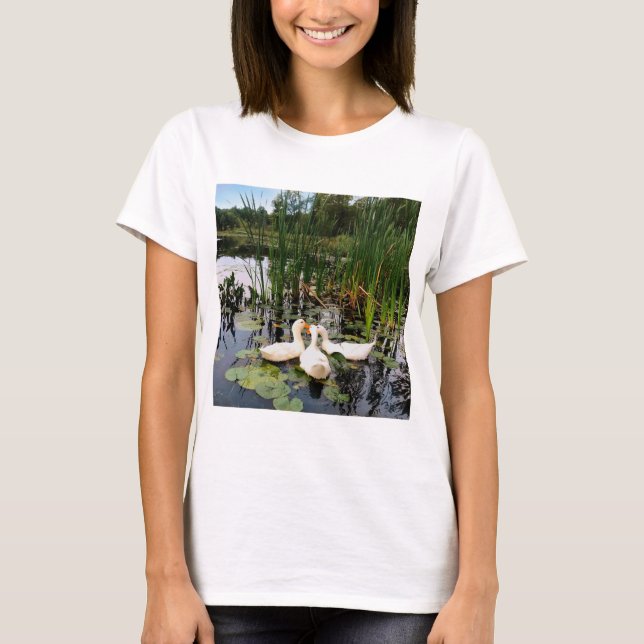 T-shirt Canards blancs, caleçons, cattails, lac (Devant)