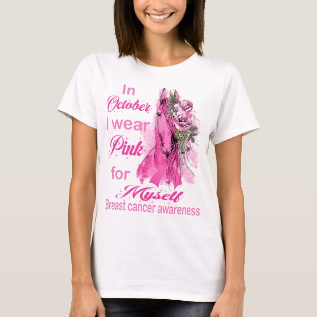 T-shirt cancer du sein cheval en octobre Je porte une chem (Devant)