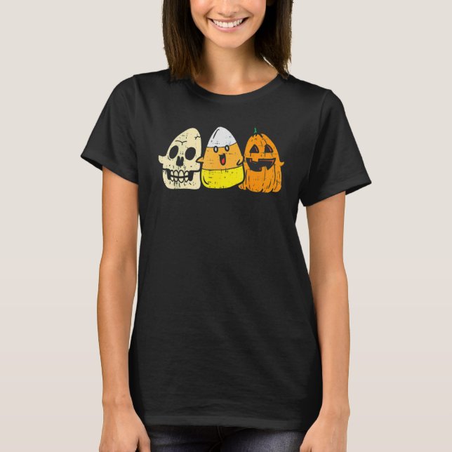 T-shirt Candy Corn Skeleton Skull Citrouille Fun Halloween (Devant)