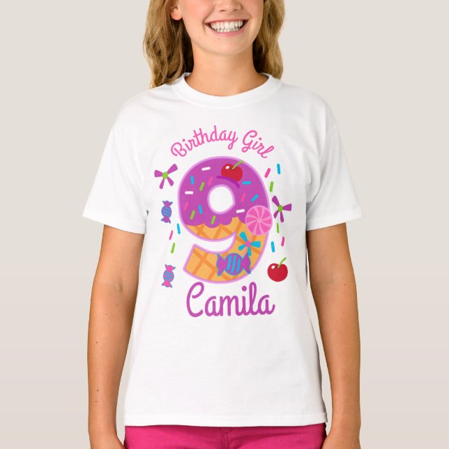 T-shirt Candyland Birthday Girl Ninth lollipop (Devant)