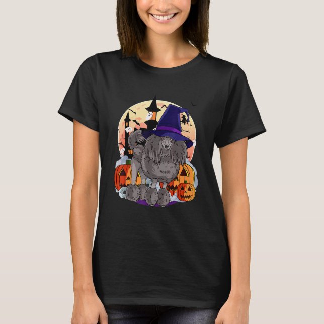 T-shirt Caniche standard noir Sorcière d'Halloween mignonn (Devant)