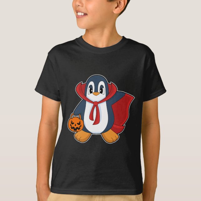 T-shirt Cape de citrouille d'Halloween pour pingouin (Devant)