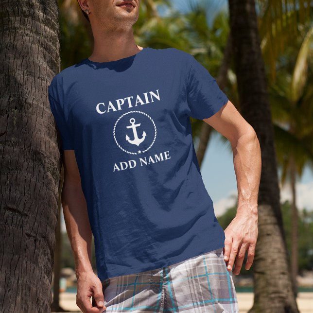 T-shirt Capitaine nautique Ajouter le nom Ancre corde Bleu (Customize to change text size. Choose from a variety of shirt colors and styles.)