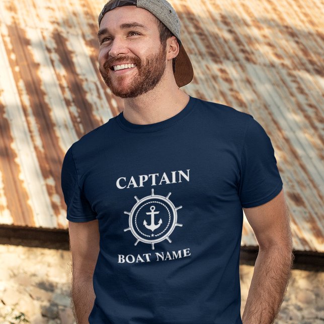 T-shirt Capitaine nautique Nom du bateau Ancre corde Helm (Customize to change text size. Choose from a variety of shirt colors and styles.)