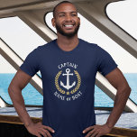 T-shirt Capitaine Votre Nom De Bateau Ancre Gold Laurel<br><div class="desc">Un ancre nautique conçu sur mesure,  des feuilles de lauriers de style or et une étoile d'or avec grade de capitaine ou autre titre et Votre nom personnalisé ou nom de bateau sur un T-shirt bleu marine. Fait un grand cadeau.</div>