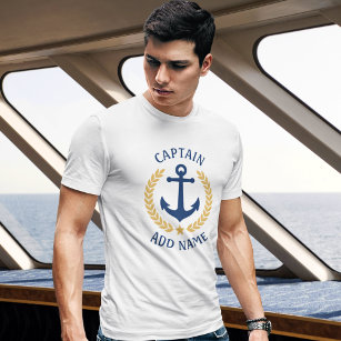 T-shirt Capitaine Votre Nom De Bateau Ancre Gold Laurel Bl