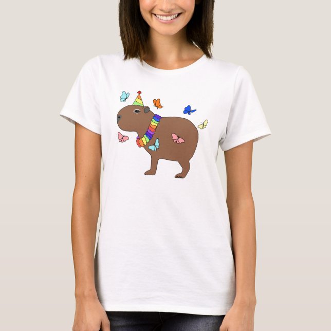 T-shirt Capybara avec papillons ami froid animal mignon (Devant)