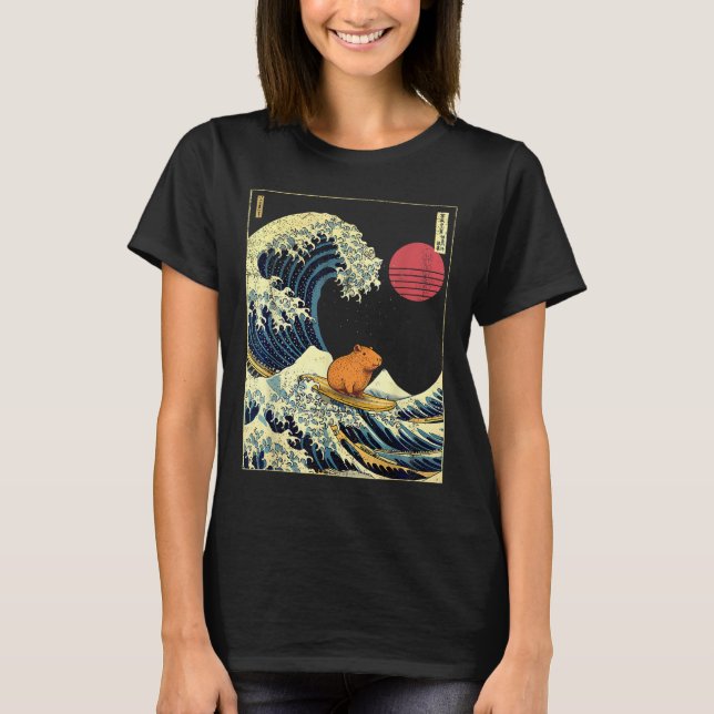 T-shirt Capybara Japanese Kanagawa Wave Funny Surf Animal  (Devant)