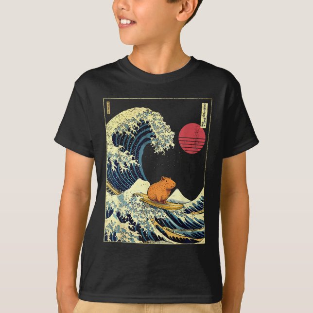 T-shirt Capybara Japanese Kanagawa Wave Funny Surf Animal  (Devant)