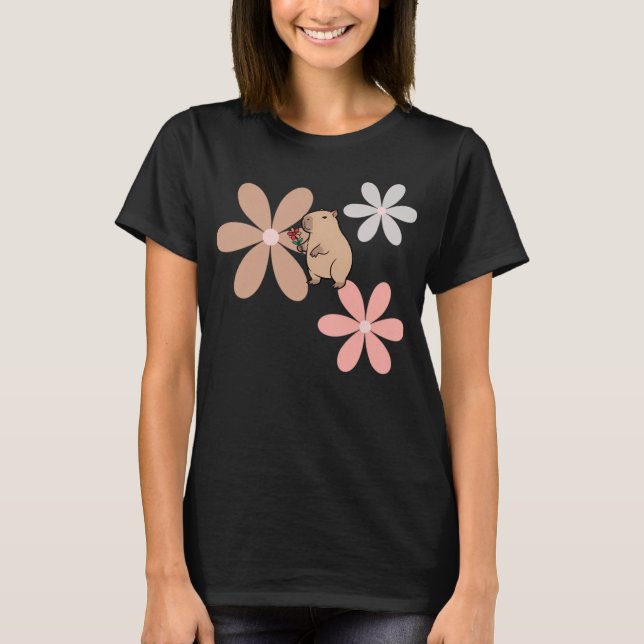 T-shirt  Capybara Mignon Avec Fleur  (Devant)