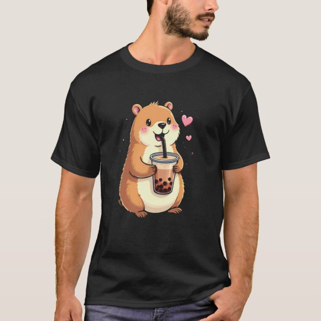 T-shirt Capybara Mignon Buvant du Thé aux Perles (Devant)