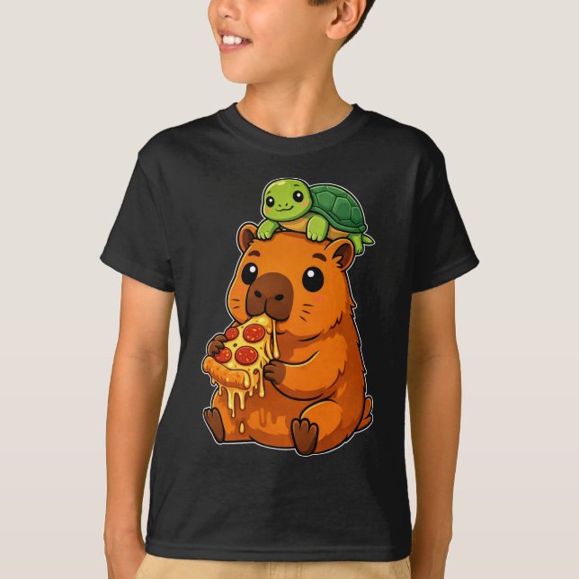T-shirt Capybara Mignon et Drôle Mangeant une Pizza avec u (Devant)
