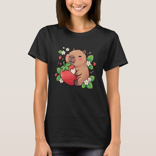 T-shirt Capybara Mignon Mangeant une Fraise Kawaii Snack d (Devant)