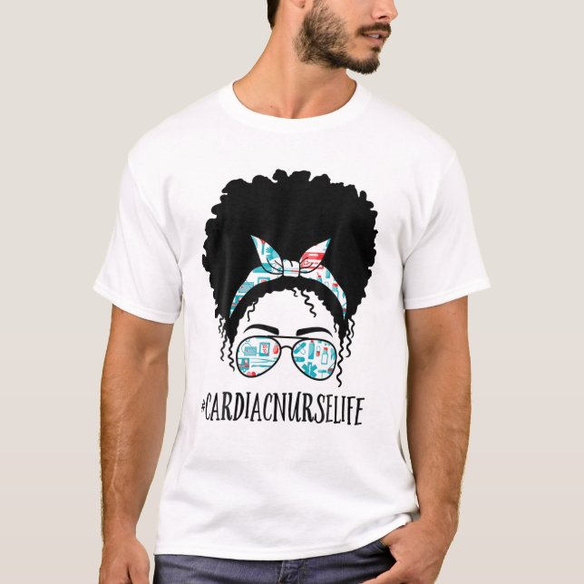 T-shirt Cardiac Nurse Noir Afro Messy Bun Afrique Amérique (Devant)