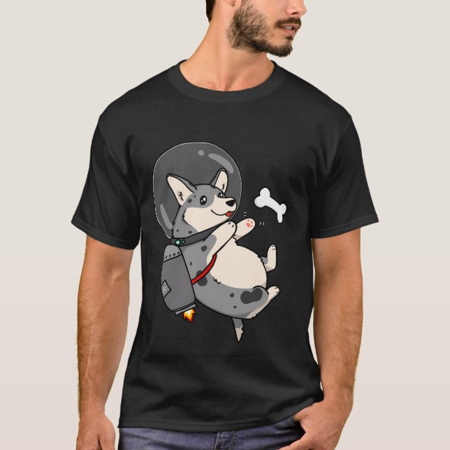 T-shirt Cardigan Blue Merle Space Corgi avec Jetpack (Devant)