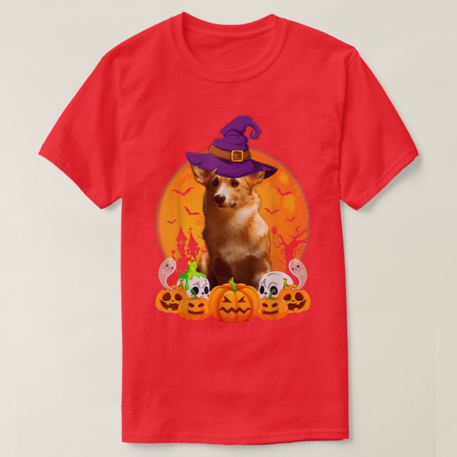 T-shirt Cardigan Welsh Corgi Witch Citrouille Halloween Ch (Design devant)