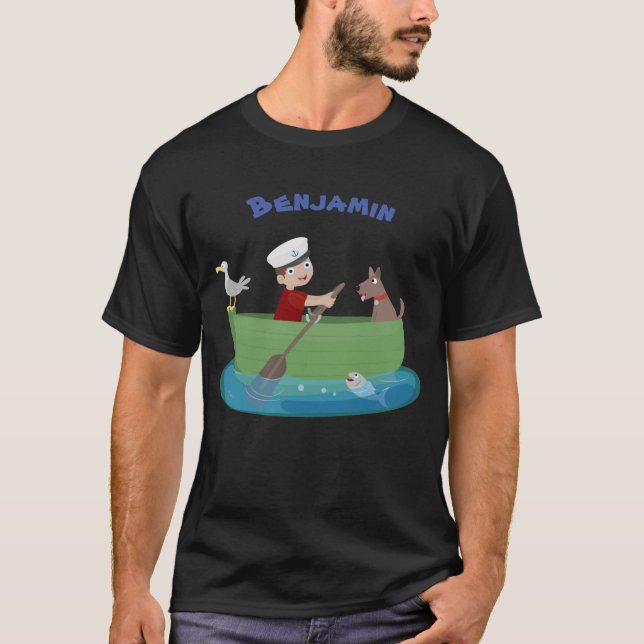 T-shirt Caricature de bateau à ramer garçon et chien migno (Devant)