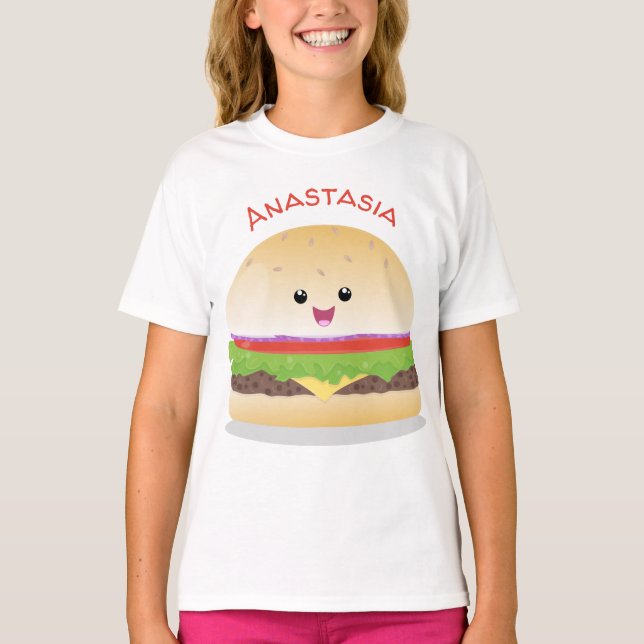 T-shirt Caricature de hamburger kawaii joyeux (Devant)