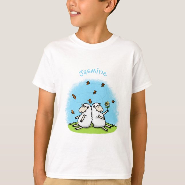 T-shirt Caricature de moutons mignons amis et papillons (Devant)