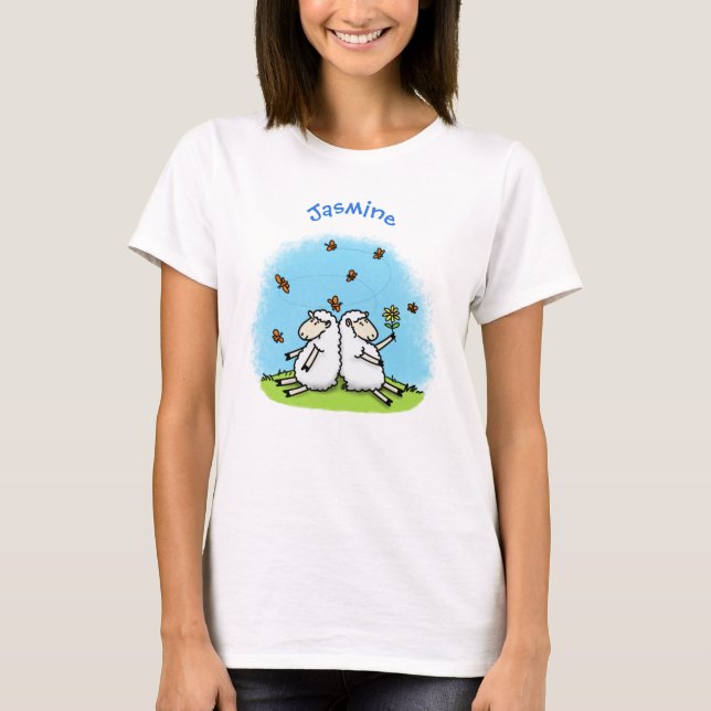 T-shirt Caricature de moutons mignons amis et papillons (Devant)
