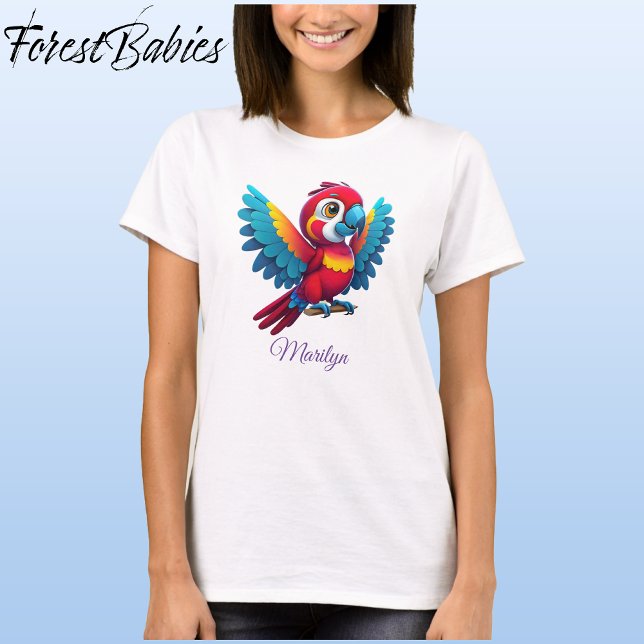 T-shirt Caricature d'oiseau de Macaw Parrot coloré 🦜 (Macaw Parrot, White Customizable ForestBabies Women's Basic T-shirt - Front)