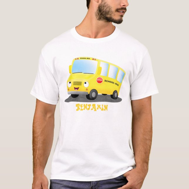 T-shirt Caricature du bus scolaire jaune joyeux (Devant)