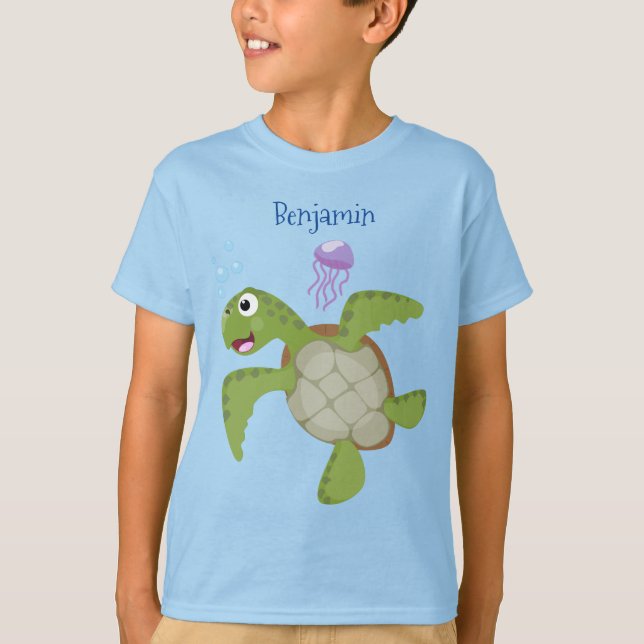 T-shirt Caricature joyeuse de tortue de mer verte mignonne (Devant)