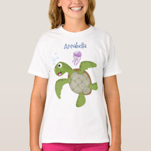 T-shirt Caricature joyeuse de tortue de mer verte mignonne