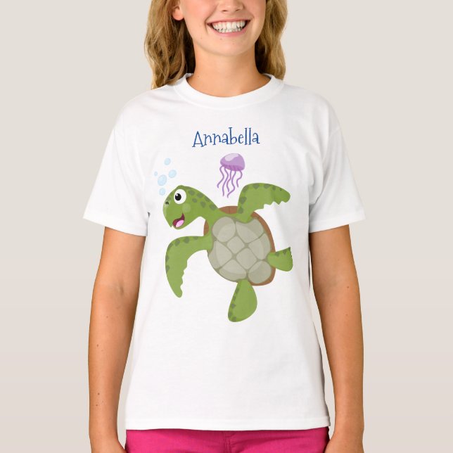 T-shirt Caricature joyeuse de tortue de mer verte mignonne (Devant)
