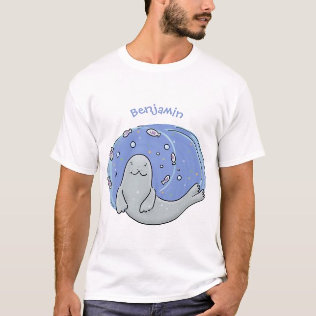 T-shirt Caricature joyeux de phoque et de poisson bleu (Devant)