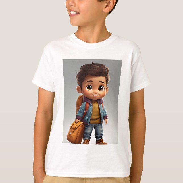 T-shirt Caricature mignon petit garçon latino portant un v (Devant)