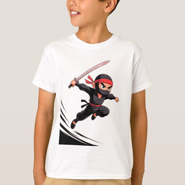 T-shirt Caricature mignonne Ninja Boy avec épée - Pose d'a (Devant)