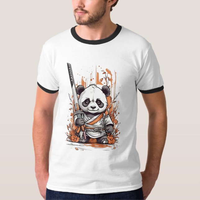 T-shirt Caricature mignonne Panda Samurai | Conception gra (Devant)