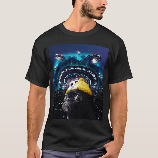 T-shirt Carlin Alien OVNI Selfie mignon chien mème (Devant)