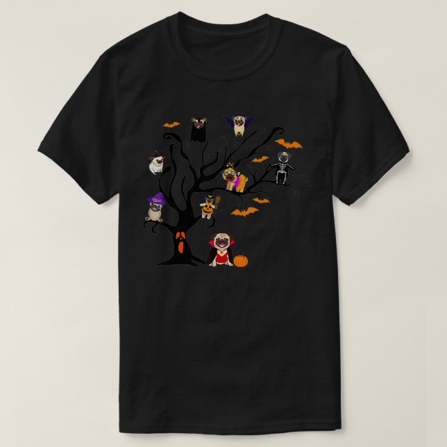 T-shirt Carlin Chien Halloween Arbre Drôle Chien Amant Hal (Design devant)