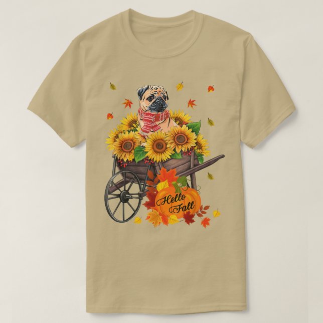 T-shirt Carlin d'automne bonjour Chien dans tournesol Feui (Design devant)