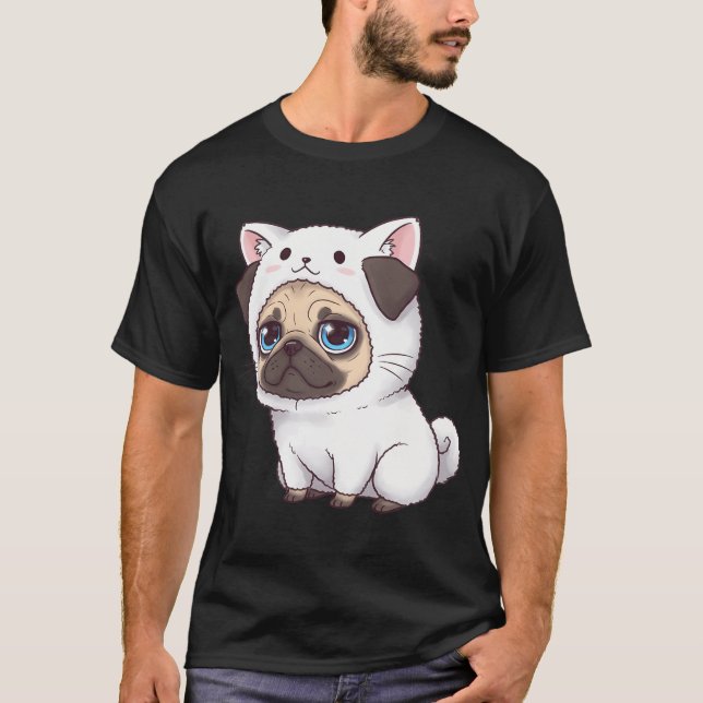 T-shirt Carlin drôle dans un costume de chat blanc (Devant)