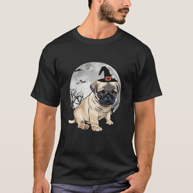 T-shirt Carlin effrayant Chien sorcier Casquette Halloween (Devant)